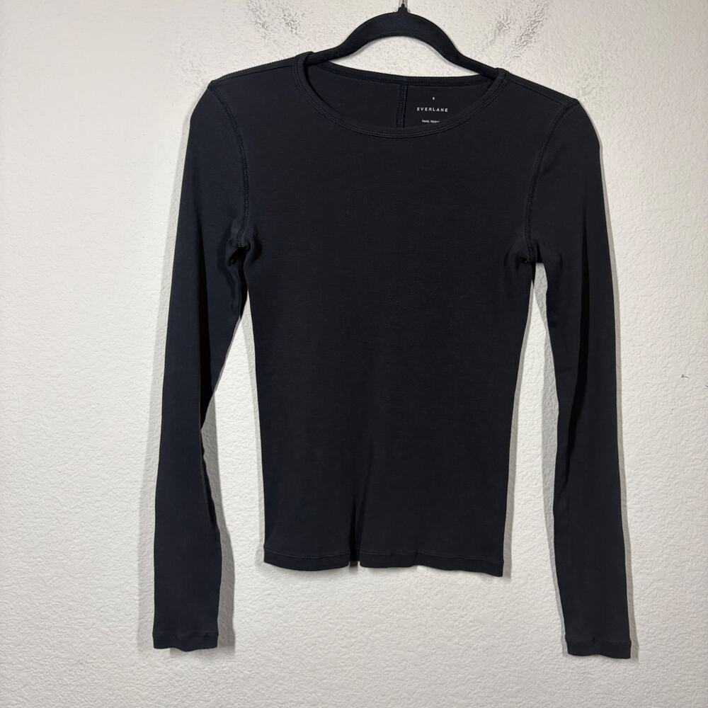 Everlane Size Small The Luxe Rib Long-Sleeve Tee Black Cotton Blend Stretch - Picture 3 of 9